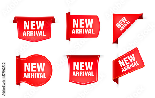 Red ribbon with text new arrival. Banner ribbon label new arrival