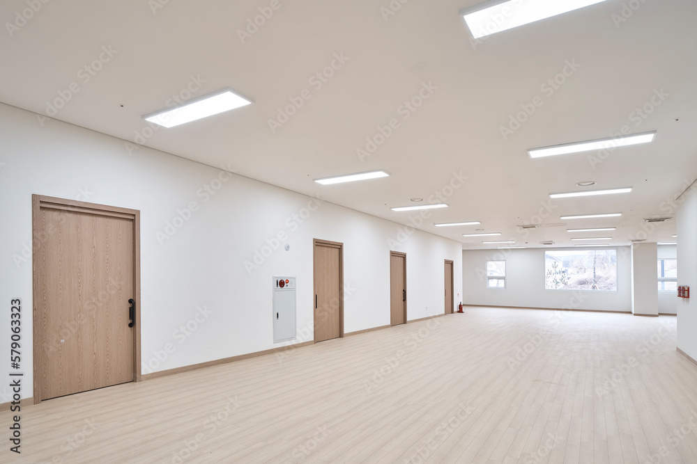 Fototapeta premium White Office Corridor with Doors, Clean Minimal Interior