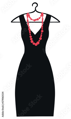 Women's midi dress. Black cocktail dress on a hanger. Vector illustration, silhouette. Festive clothes without sleeves of a direct cut.