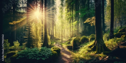 Experience the tranquility of a sun-drenched forest with rays of light peeking through the lush green trees. A captivating image for use in design projects or marketing campaigns. Generative AI