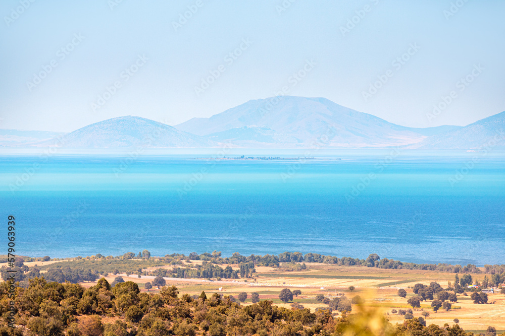 Aerial view of Besehir lake and national park in Turkey. Natural landscape and wildlife reserve