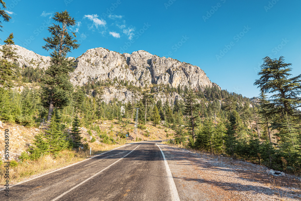 Scenic asphalt road in mountains in Turkey. Travel transport and destinations - obrazy, fototapety, plakaty 