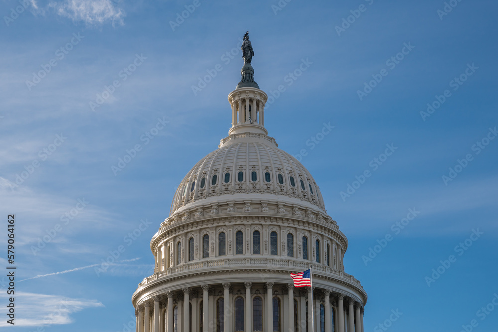 Fototapeta premium United States Capitol Dome with bright blue sky in background with copy space.