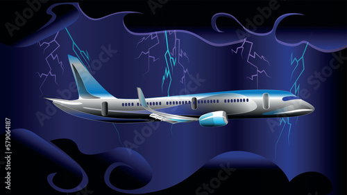 A plane flies in the sky in dark clouds during a thunderstorm, lightning flashing from all directions