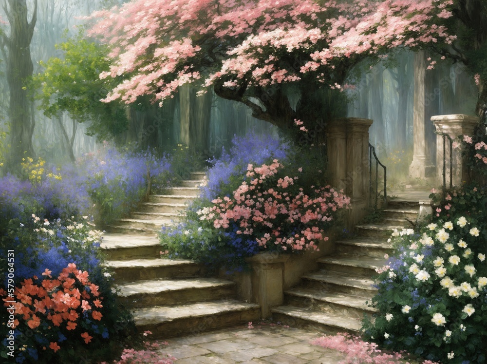 Impressionist painting of a cherry tree garden with path and gate ...
