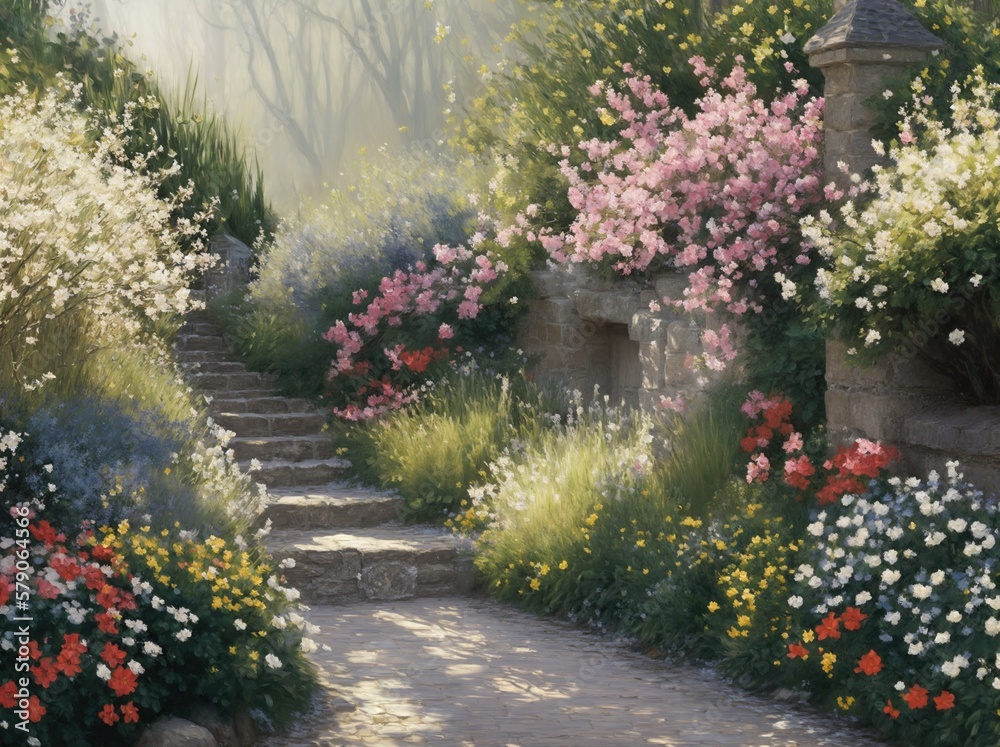 Impressionist painting of a hidden garden with path and flowers ...