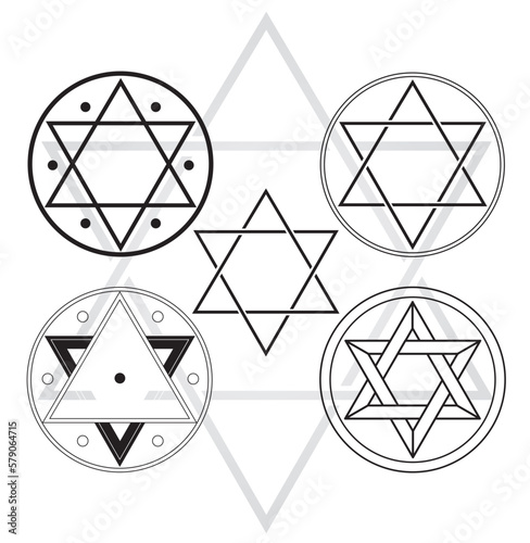 Set d'Icônes du Sceau de Salomon Illustration Étoile en cercle Symbole Alchimie Géométrie sacrée Noir et blanc