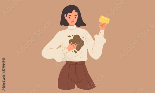 Young woman accidentally spill coffee on her shirt. Concept of unlucky, office working, accident, fail, unfortunate, sad, upset, dirty, hot. Flat vector illustration cartoon character.