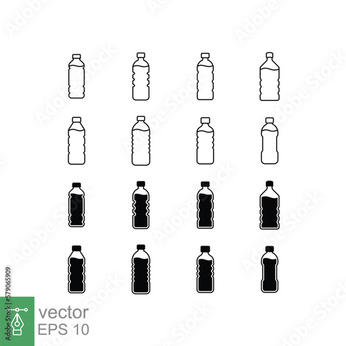 Plastic bottles line and glyph icon set. Simple outline and solid style. Water, container, drink, beverage concept, design element. Vector illustration isolated on white background. EPS 10.