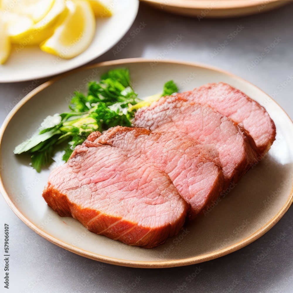 beef steak with vegetables, on plate, nice background, delicious food, fork