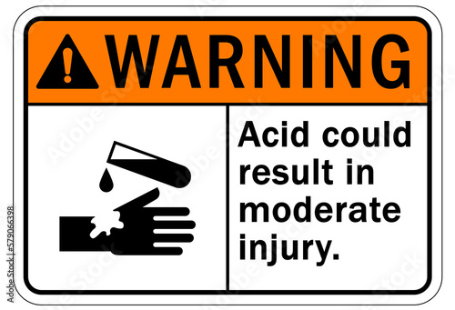 Acid chemical warning sign and labels acid could result in moderate injury