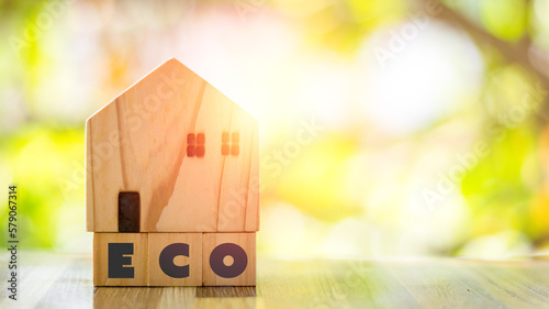 Eco-Friendly House concept. Wooden home on the block with alphabet eco on a green background.