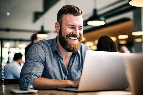 Stampa su tela Cheerful and contented young Caucasian man sitting at desk and using laptop with a smile appears to be engaged and focused on his work