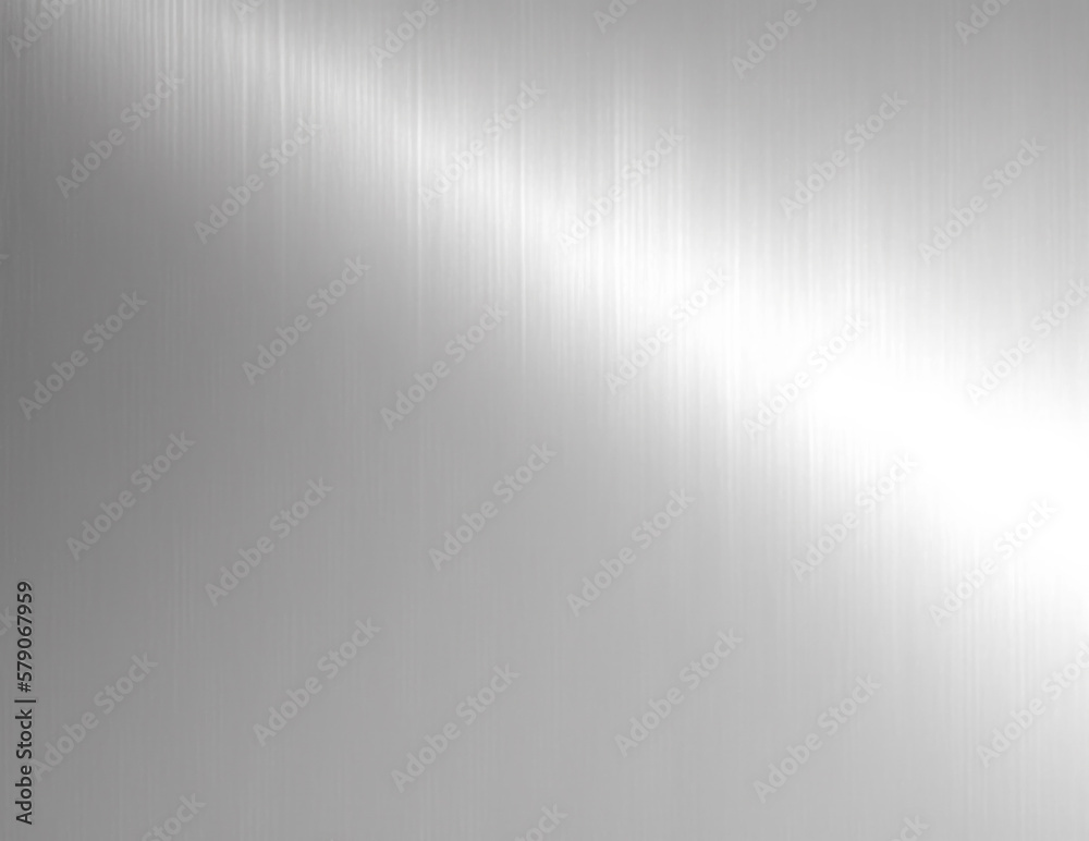Shiny silver polished metal background texture of brushed stainless steel plate with the reflection of golden light.