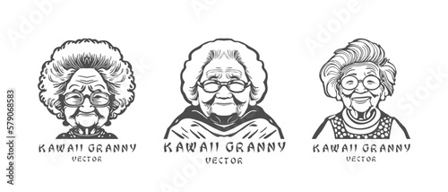 Vector set of logos or icons. Japanese cute kawaii granny. Elderly beautiful woman with glasses. White isolated background.