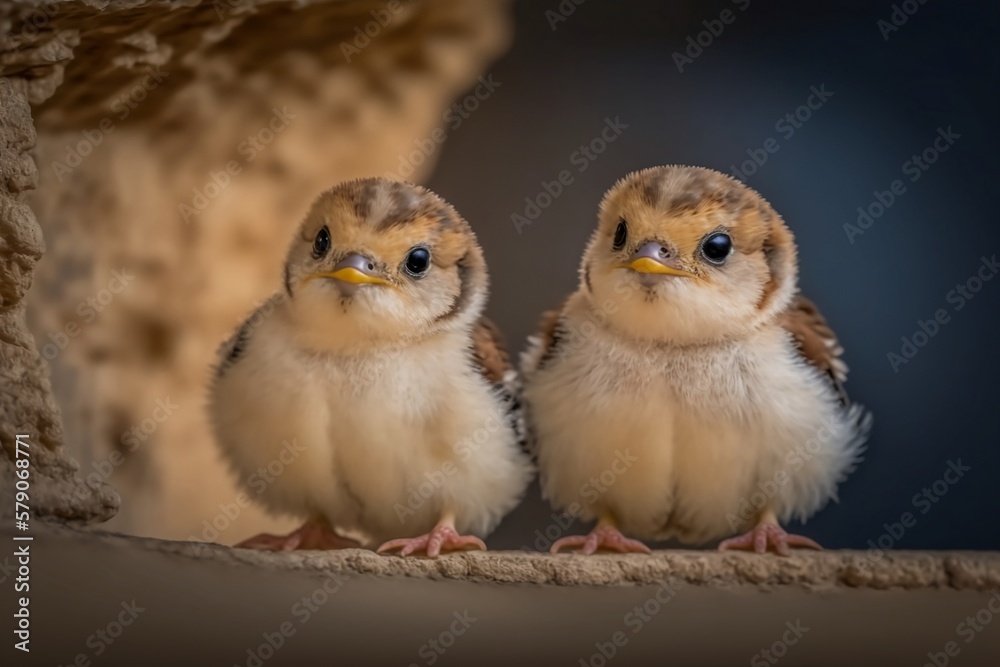 Obraz premium A Close-up of Two Fluffy Chicks, generative ai