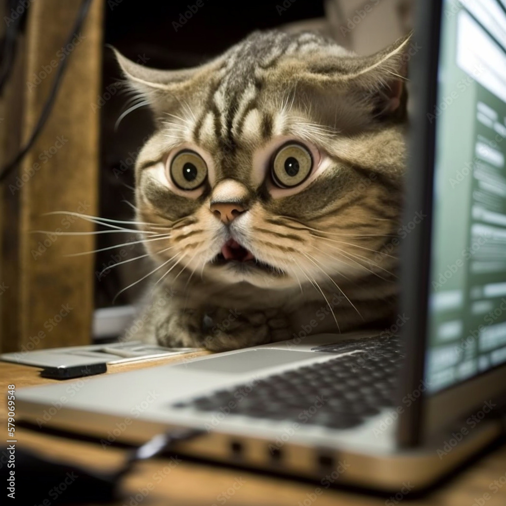 frightened cat sits at a table near a computer, ai generation frightened cat sits at a table near a computer, ai generation