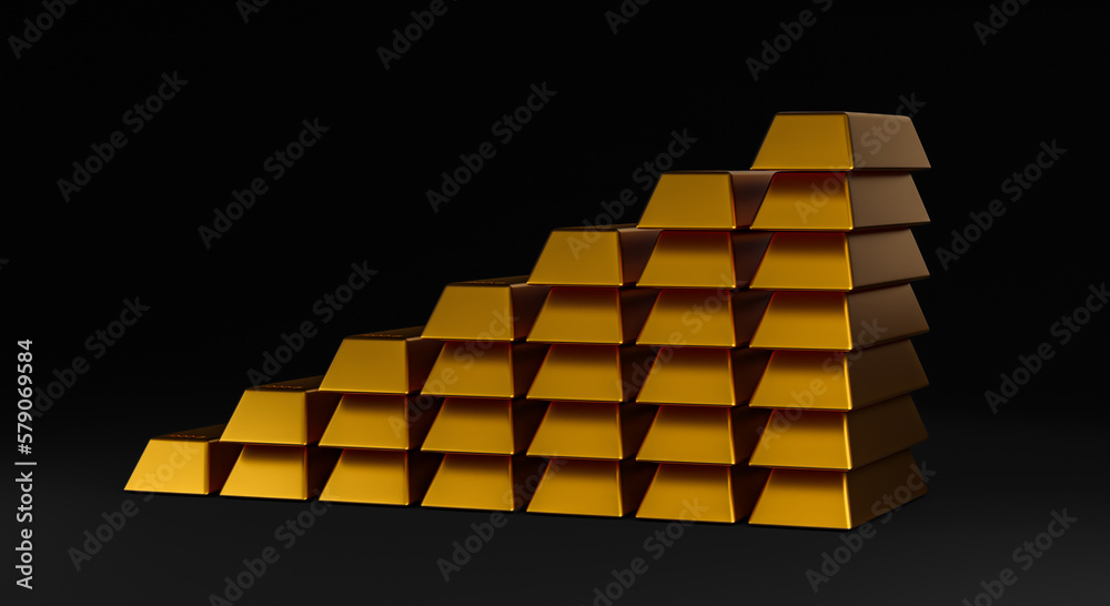 3D illustration or 3D rendering Stack pyramid of Luxury gold bars isolated on black background for business or Financial concepts. 3D illustration or 3D rendering Stack pyramid of Luxury gold bars isolated on black background for business or Financial concepts.