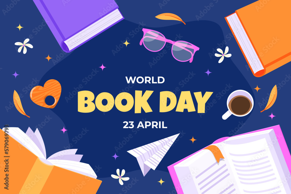 Ilustración del día mundial del libro con libros y objetos relacionados con la lectura