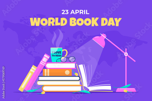 Ilustración del día mundial del libro con libros y objetos relacionados con la lectura