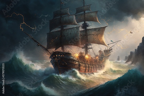 A pirate ship sailing through a stormy sea with lightning