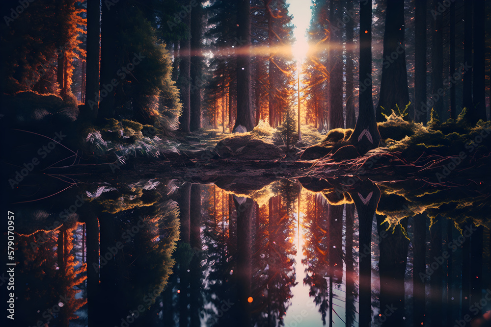 Muscular Forest, with sparkling crisp radiant reflections, sunset in the forest, Muscular Forest, with sparkling crisp radiant reflections, sunset in the forest,