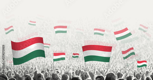 Abstract crowd with flag of Hungary. Peoples protest, revolution, strike and demonstration with flag of Hungary.