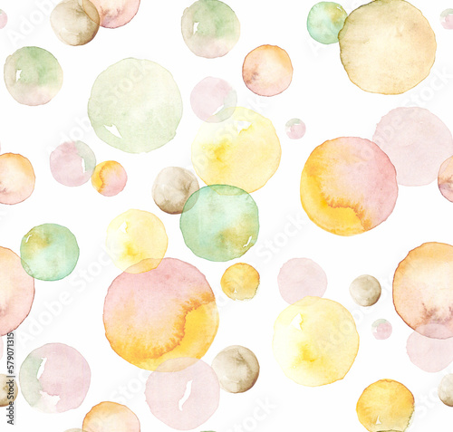 Hand painted allover seamless watercolor overlapping bubbles print on white background