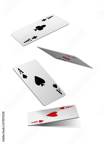  3s realistic vector icon. Playing cards of aces of diamonds clubs spades and hearts on white background.