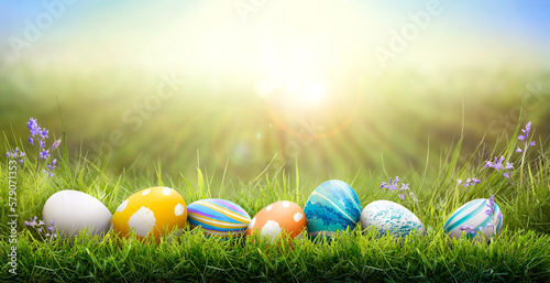 Obraz na płótnie A collection of painted easter eggs celebrating a Happy Easter on a spring day with green grass meadow background with copy space. w salonie