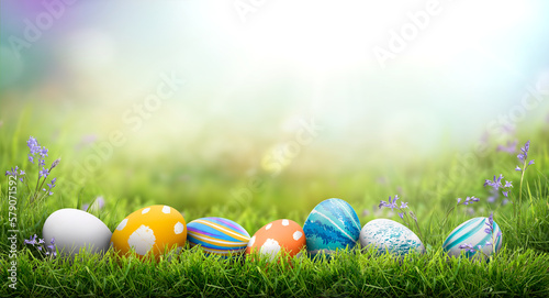 Obraz na płótnie A collection of painted easter eggs celebrating a Happy Easter on a spring day with green grass meadow background with copy space. w salonie