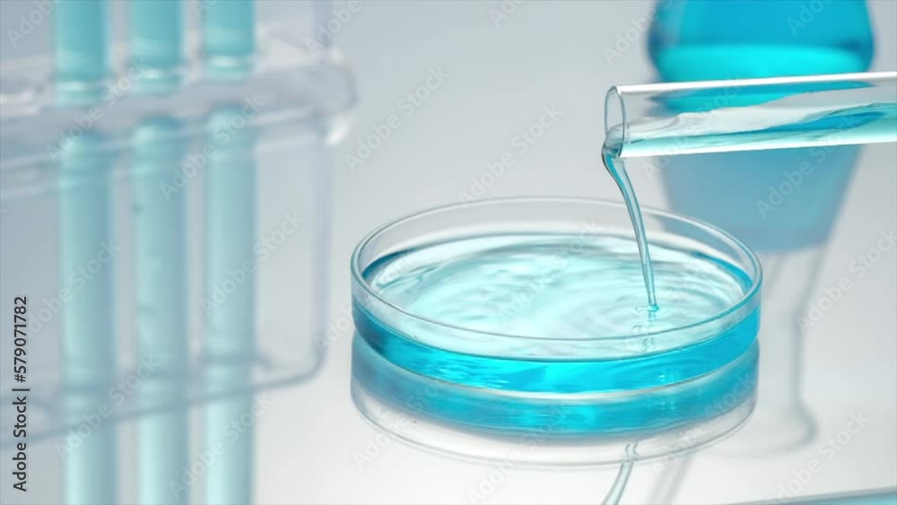Slow motion of blue solution from a test tube is poured into petri dishes in light background. Macro shot of natural organic cosmetics or medicine.Slow motion of blue solution from a test tube is pour Slow motion of blue solution from a test tube is poured into petri dishes in light background. Macro shot of natural organic cosmetics or medicine.Slow motion of blue solution from a test tube is pour