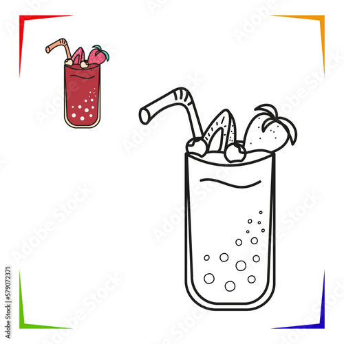 Strawberry cocktail Coloring Page. Vector Educational worksheet colored by sample. Drink Paint game.