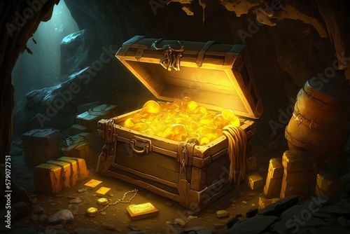 Gold in the Cave Treasure Chest. AI technology generated image