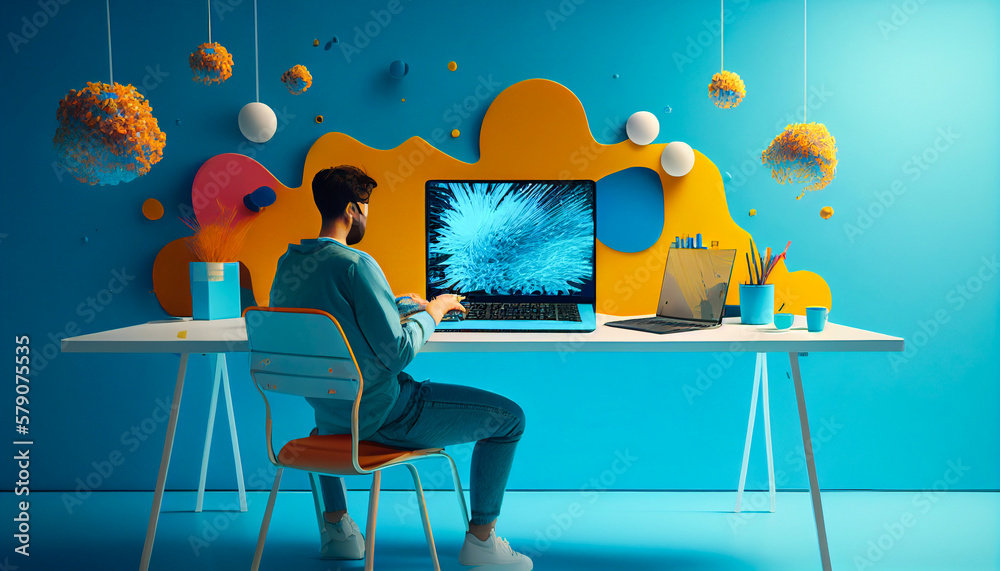 Graphic designer creating logo design using computer software sitting ...