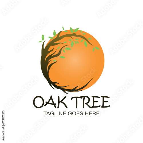 oak tree with moon background design vector
