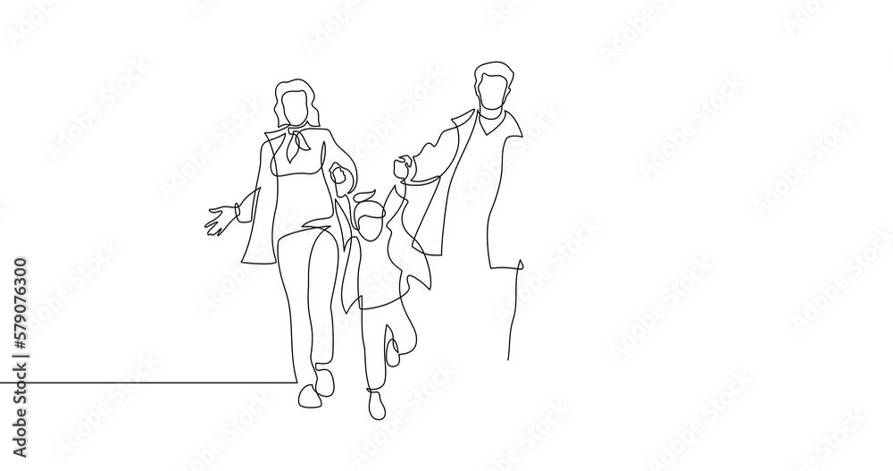 Animation of an image drawn with a continuous line. Happy family walking. Animation of an image drawn with a continuous line. Happy family walking.