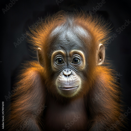 Portrait of young orang-utan in the rainforest 