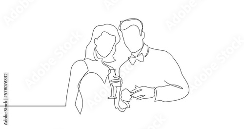 Animation of an image drawn with a continuous line. Man and woman with glasses of wine.