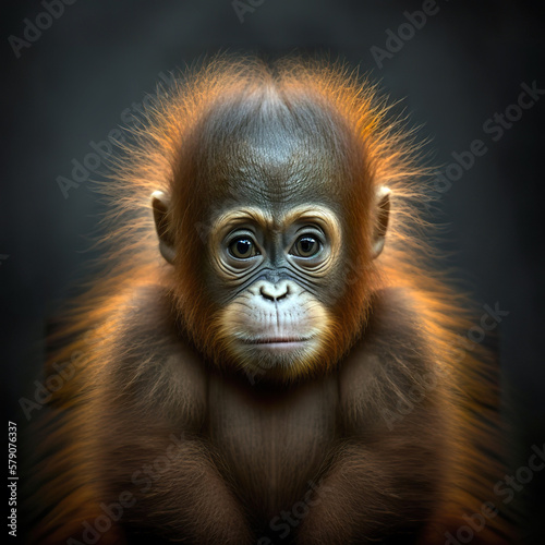 Portrait of young orang-utan in the rainforest  © digitizesc