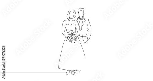 Animation of an image drawn with a continuous line. Bride and groom with bridal bouquet at wedding ceremony.