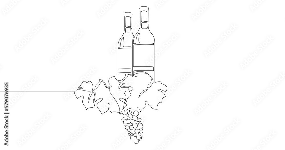 Animation of an image drawn with a continuous line. Grape wreath with wine bottles. Animation of an image drawn with a continuous line. Grape wreath with wine bottles.