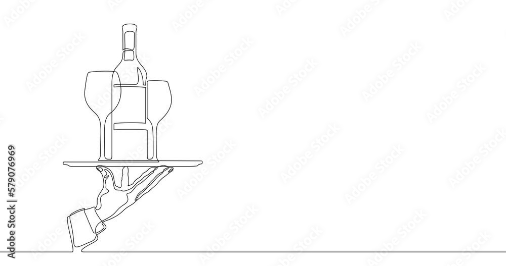 Animation of an image drawn with a continuous line. Waiter hand holding tray with wine bottle and glasses. Animation of an image drawn with a continuous line. Waiter hand holding tray with wine bottle and glasses.