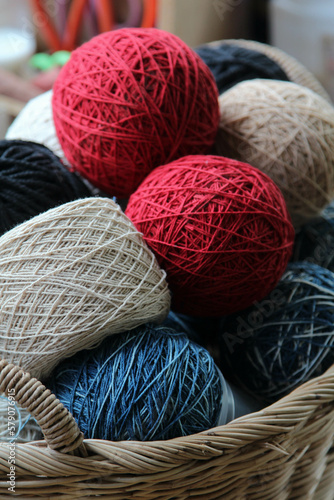 The colorful balls of yarn in the basket