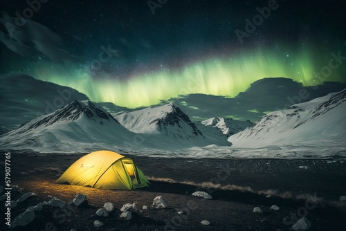 Bright tents in the field and snow mountains in the distance. AI technology generated image