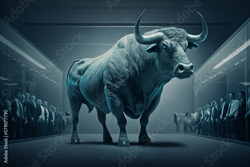 Bull on a dark background. Bullish market. Generative AI.