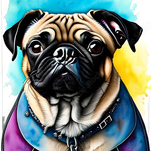 Watercolor pug close-up.  Generative AI.