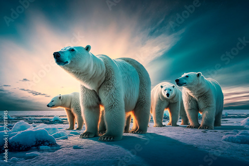 A close-up of a polar bear in the Arctic at the North Pole in the sunlight on a polar day in the snow and ice. Generative AI