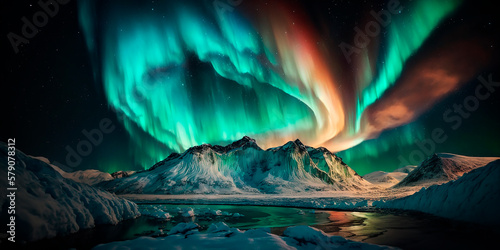 landscape in the Arctic at the North Pole among the snow on a background of colorful northern lights in the sky with stars, polar night, a natural phenomenon. Generative AI © VICHIZH