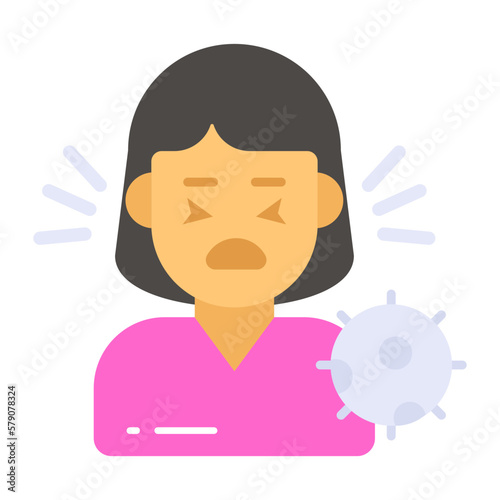 Sneezing woman avatar with coronavirus symbol denoting concept of sick women
